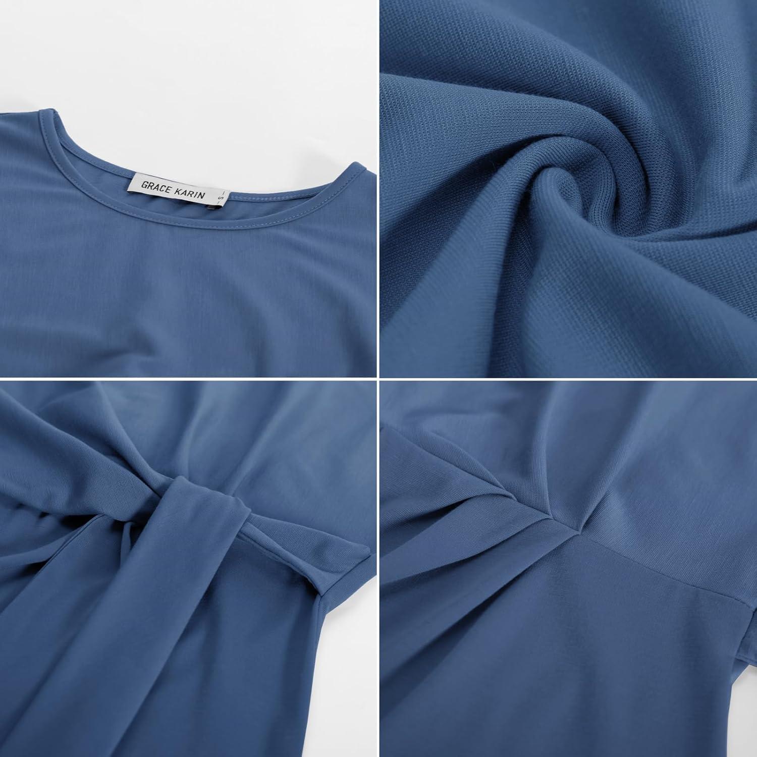 imageGRACE KARIN Womens Cap Sleeve Tops 2025 Summer Tie Waist Crew Neck Elegant Blouse Dressy Casual Work Business ShirtsDark Gray Blue
