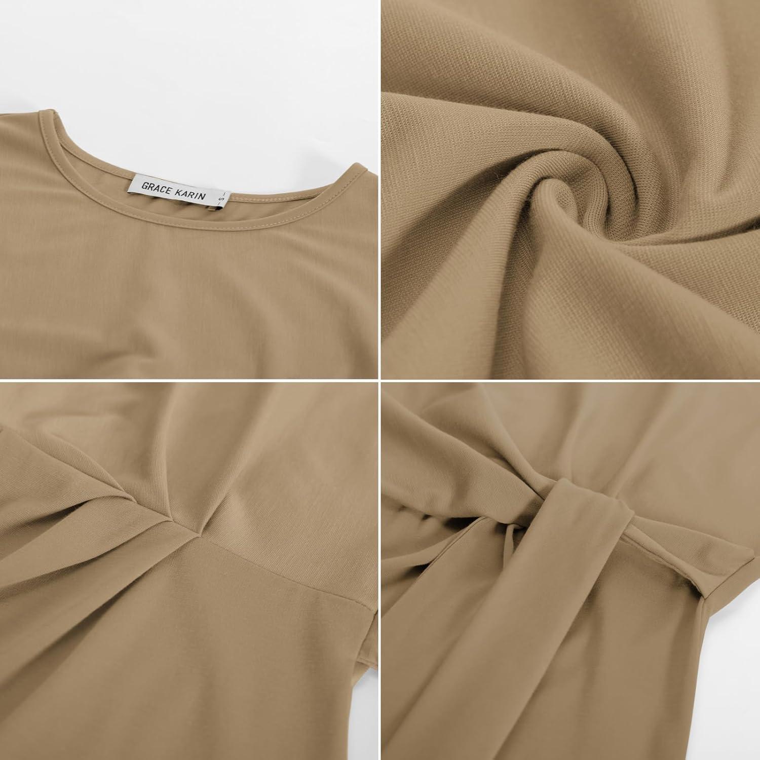 imageGRACE KARIN Womens Cap Sleeve Tops 2025 Summer Tie Waist Crew Neck Elegant Blouse Dressy Casual Work Business ShirtsKhaki