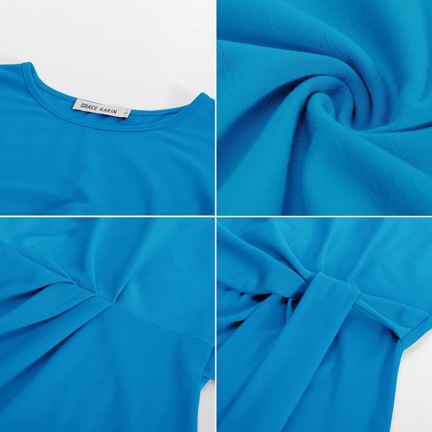 imageGRACE KARIN Womens Cap Sleeve Tops 2025 Summer Tie Waist Crew Neck Elegant Blouse Dressy Casual Work Business ShirtsSky Blue