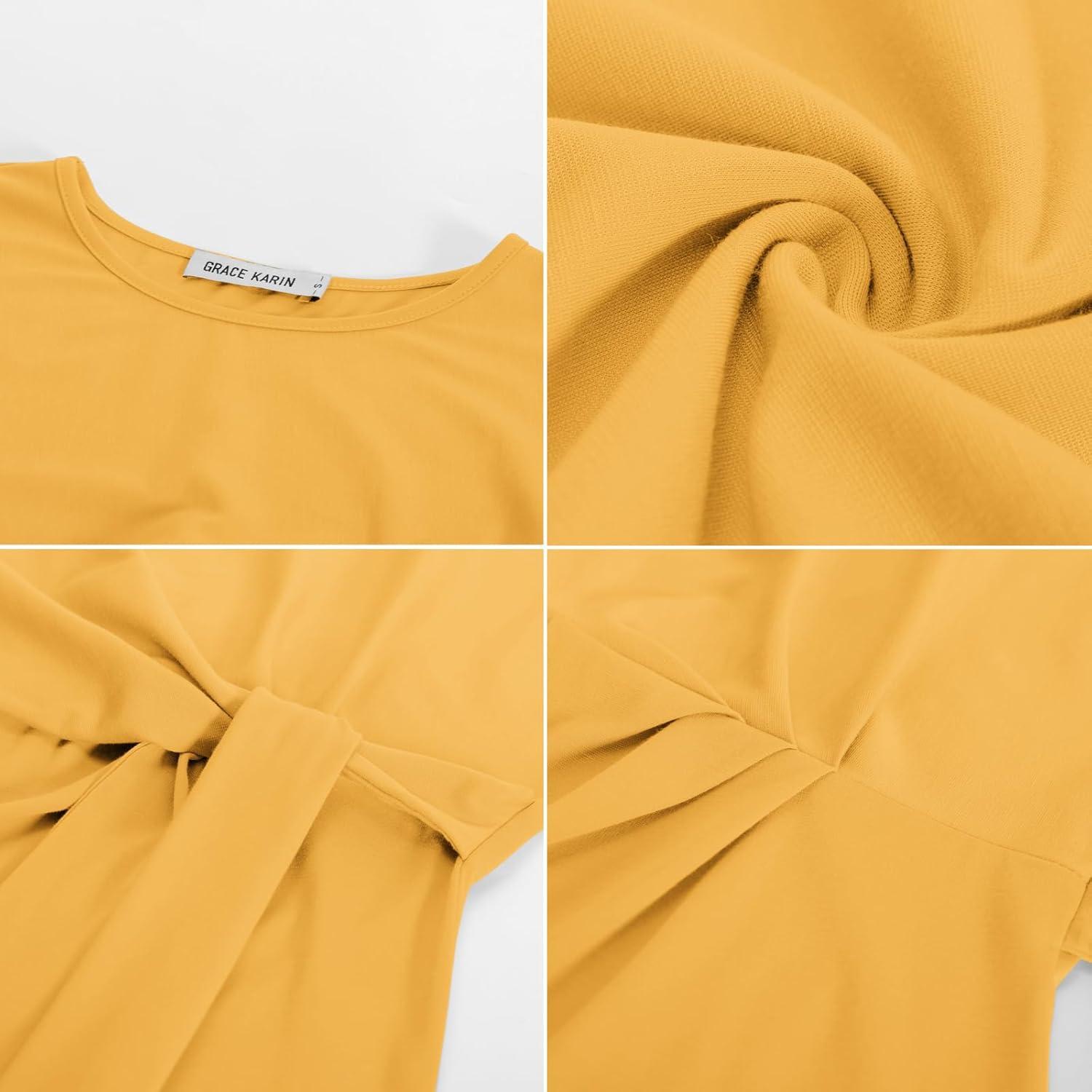 imageGRACE KARIN Womens Cap Sleeve Tops 2025 Summer Tie Waist Crew Neck Elegant Blouse Dressy Casual Work Business ShirtsYellow
