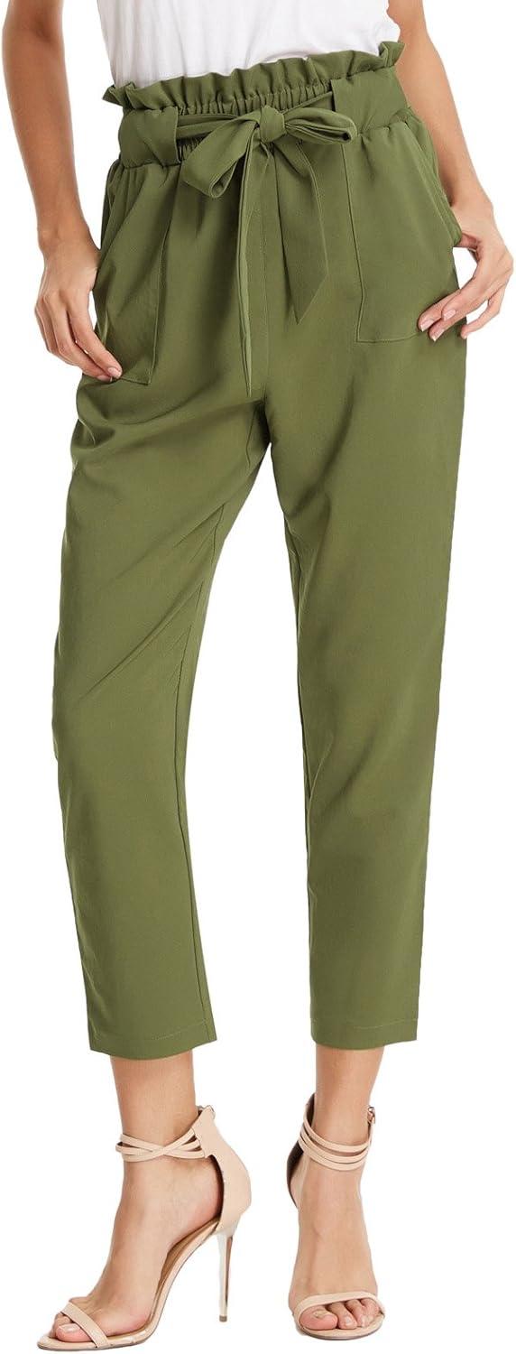 imageGRACE KARIN Womens Hight Waisted Work Pants Cropped Paper Bag Business Casual Pants with PocketsArmy Green