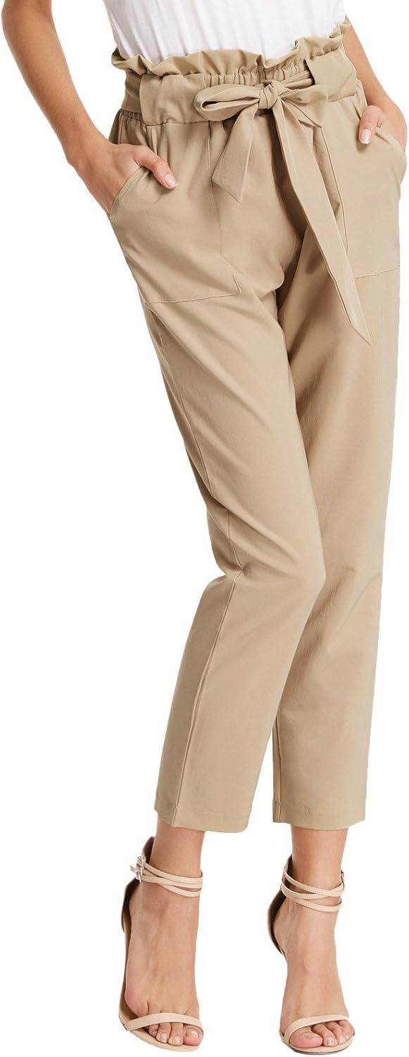 imageGRACE KARIN Womens Hight Waisted Work Pants Cropped Paper Bag Business Casual Pants with PocketsCamel