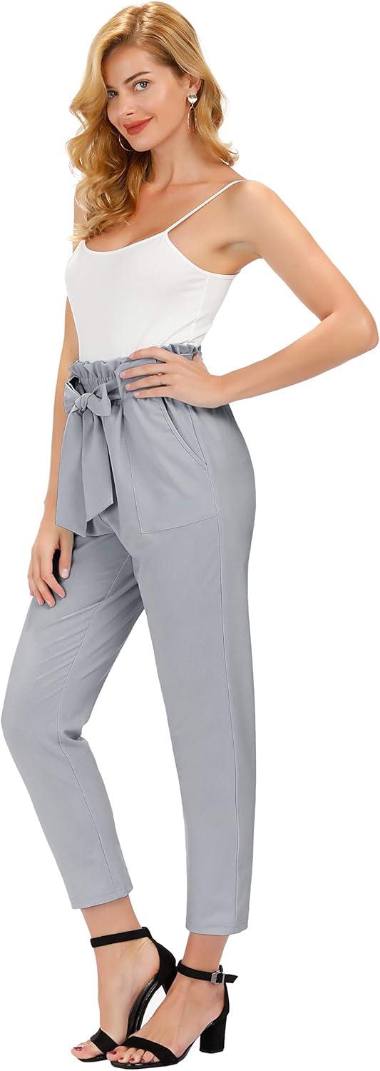 imageGRACE KARIN Womens Hight Waisted Work Pants Cropped Paper Bag Business Casual Pants with PocketsLight Gray