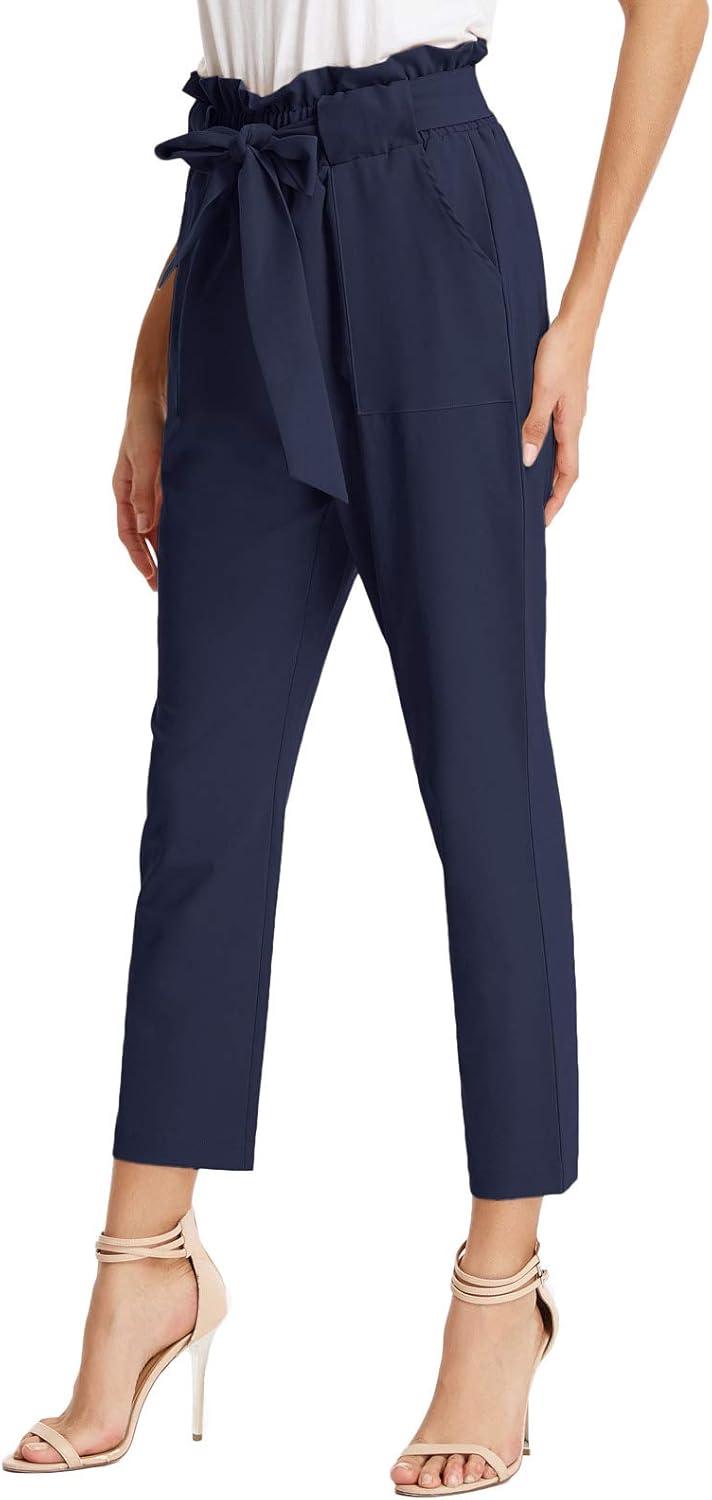 imageGRACE KARIN Womens Hight Waisted Work Pants Cropped Paper Bag Business Casual Pants with PocketsNavy Blue