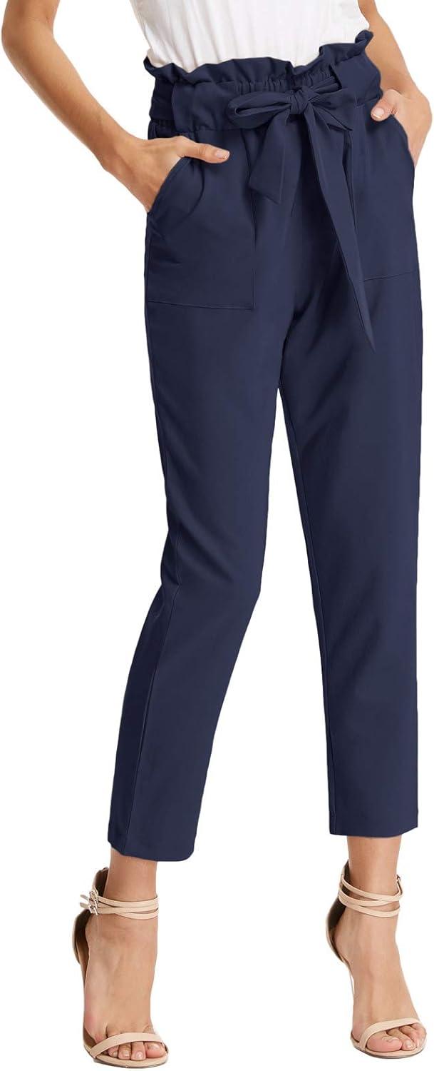 imageGRACE KARIN Womens Hight Waisted Work Pants Cropped Paper Bag Business Casual Pants with PocketsNavy Blue
