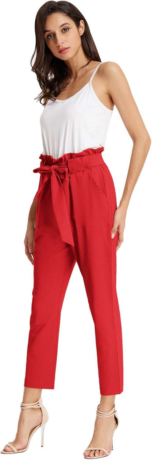 imageGRACE KARIN Womens Hight Waisted Work Pants Cropped Paper Bag Business Casual Pants with PocketsRed