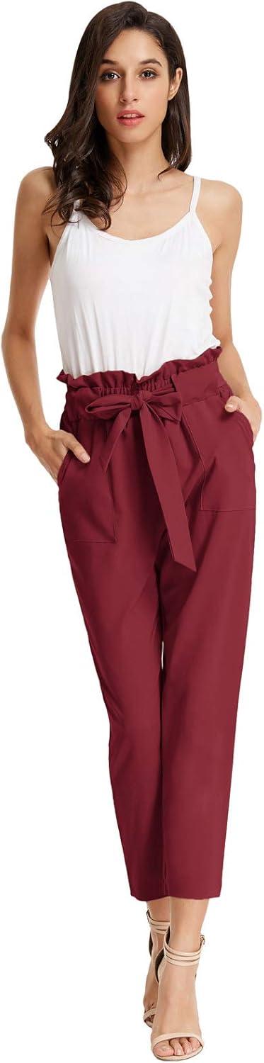 imageGRACE KARIN Womens Hight Waisted Work Pants Cropped Paper Bag Business Casual Pants with PocketsWine