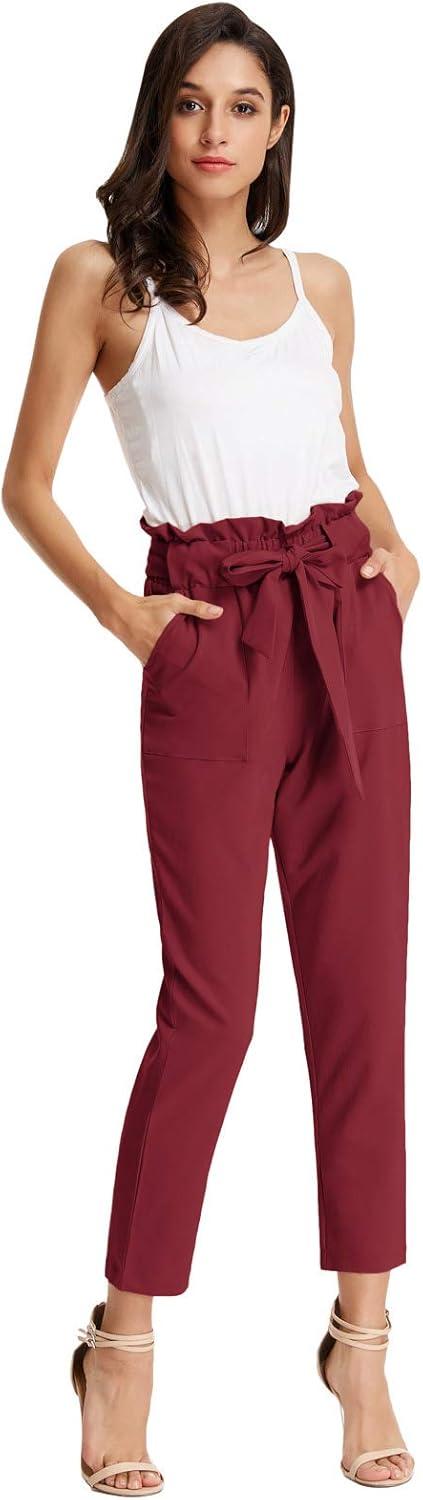 imageGRACE KARIN Womens Hight Waisted Work Pants Cropped Paper Bag Business Casual Pants with PocketsWine