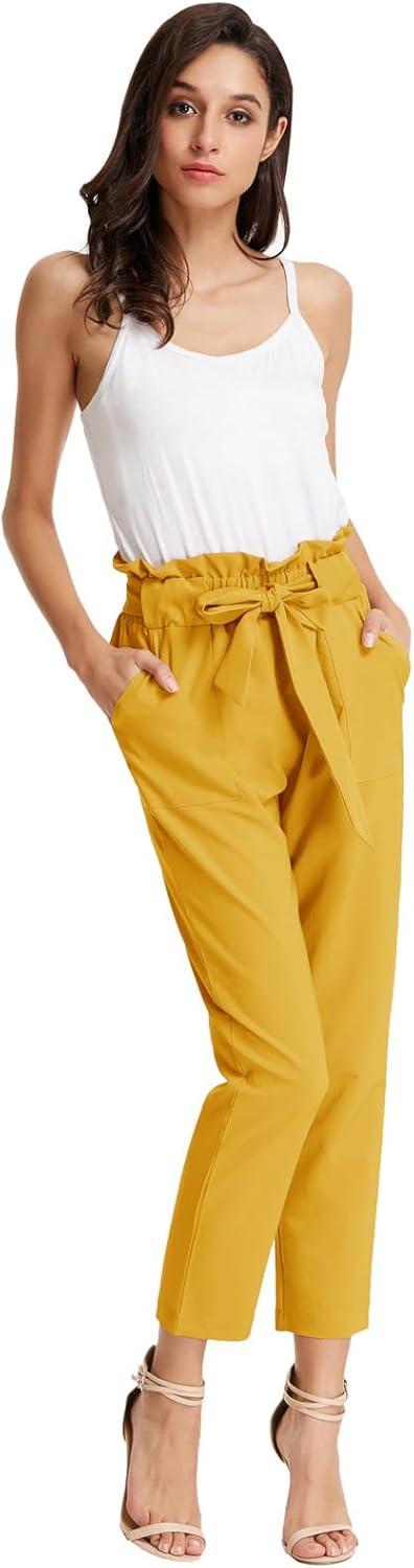 imageGRACE KARIN Womens Hight Waisted Work Pants Cropped Paper Bag Business Casual Pants with PocketsYellow