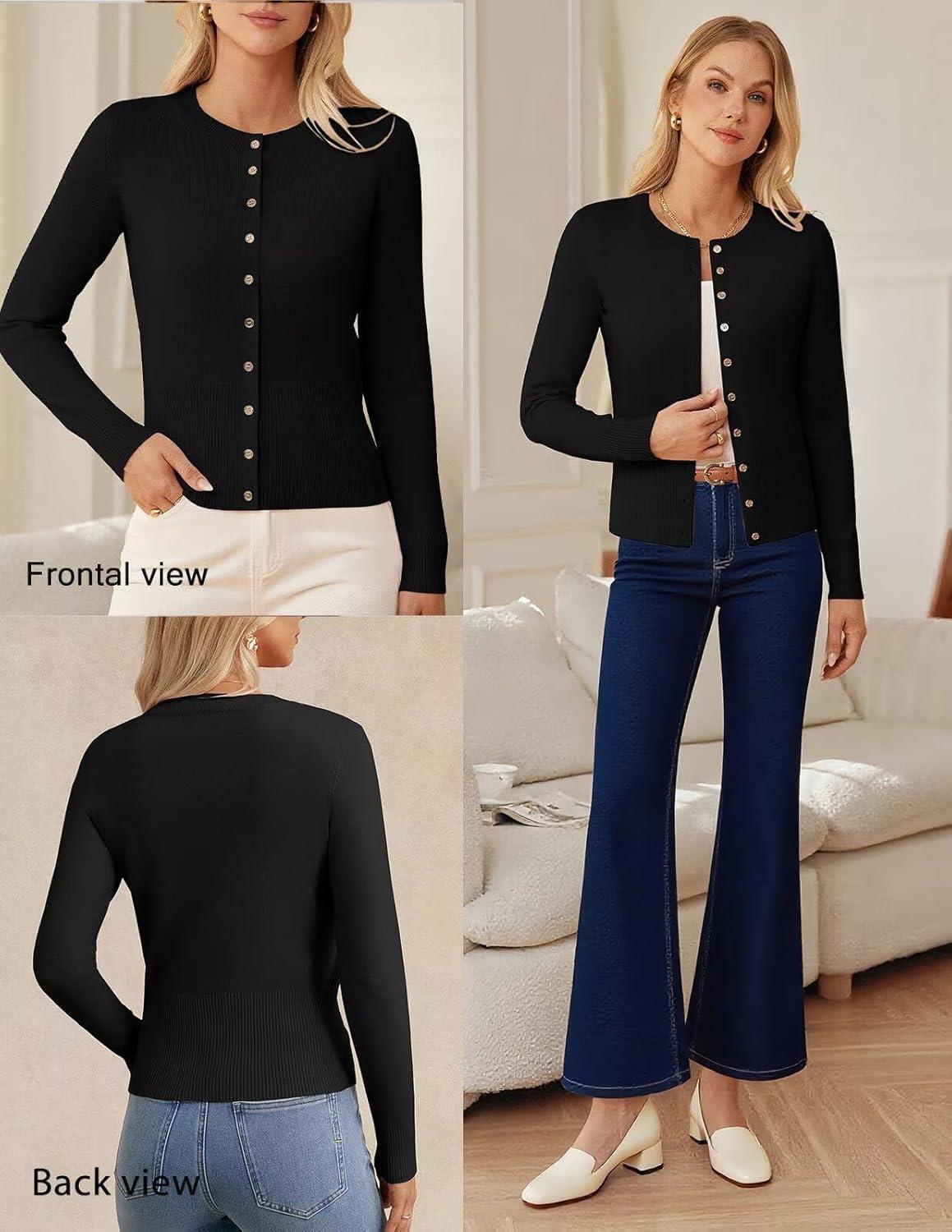 imageGRACE KARIN Womens Lightweight Fall Cardigan Long Sleeve Knit Crop Sweater Trendy Button Open Front Crewneck JacketBlack