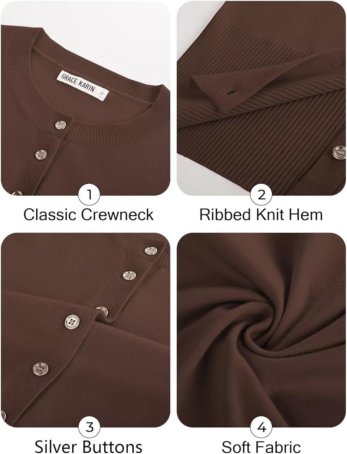 imageGRACE KARIN Womens Lightweight Fall Cardigan Long Sleeve Knit Crop Sweater Trendy Button Open Front Crewneck JacketBrown