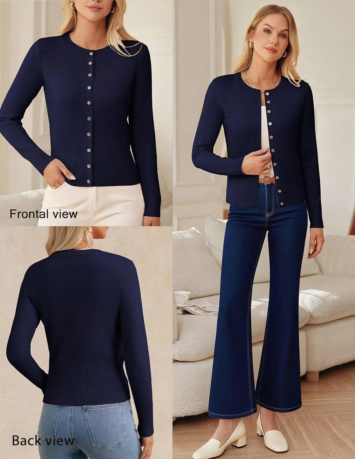 imageGRACE KARIN Womens Lightweight Fall Cardigan Long Sleeve Knit Crop Sweater Trendy Button Open Front Crewneck JacketNavy Blue