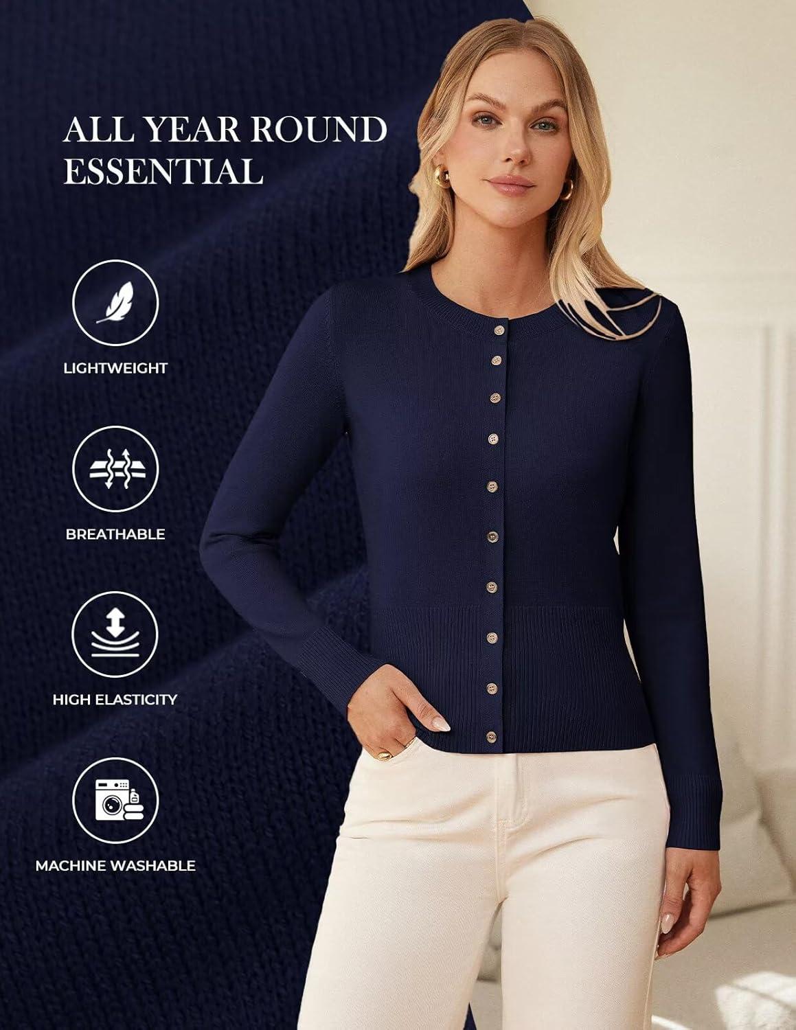 imageGRACE KARIN Womens Lightweight Fall Cardigan Long Sleeve Knit Crop Sweater Trendy Button Open Front Crewneck JacketNavy Blue