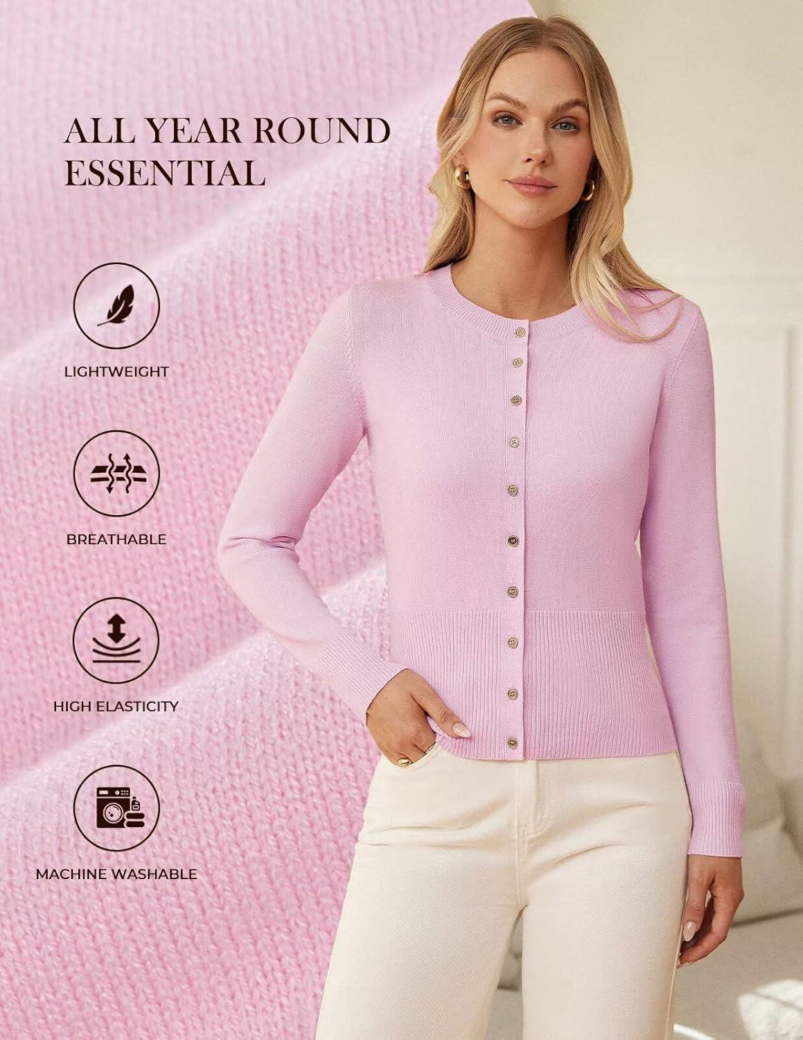 imageGRACE KARIN Womens Lightweight Fall Cardigan Long Sleeve Knit Crop Sweater Trendy Button Open Front Crewneck JacketPink