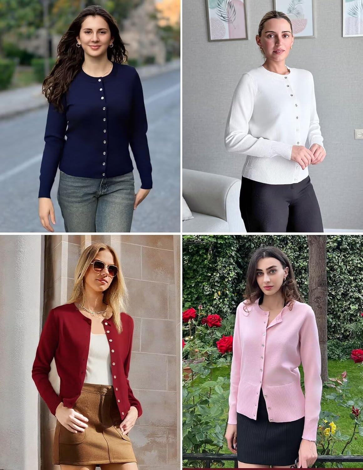 imageGRACE KARIN Womens Lightweight Fall Cardigan Long Sleeve Knit Crop Sweater Trendy Button Open Front Crewneck JacketPink