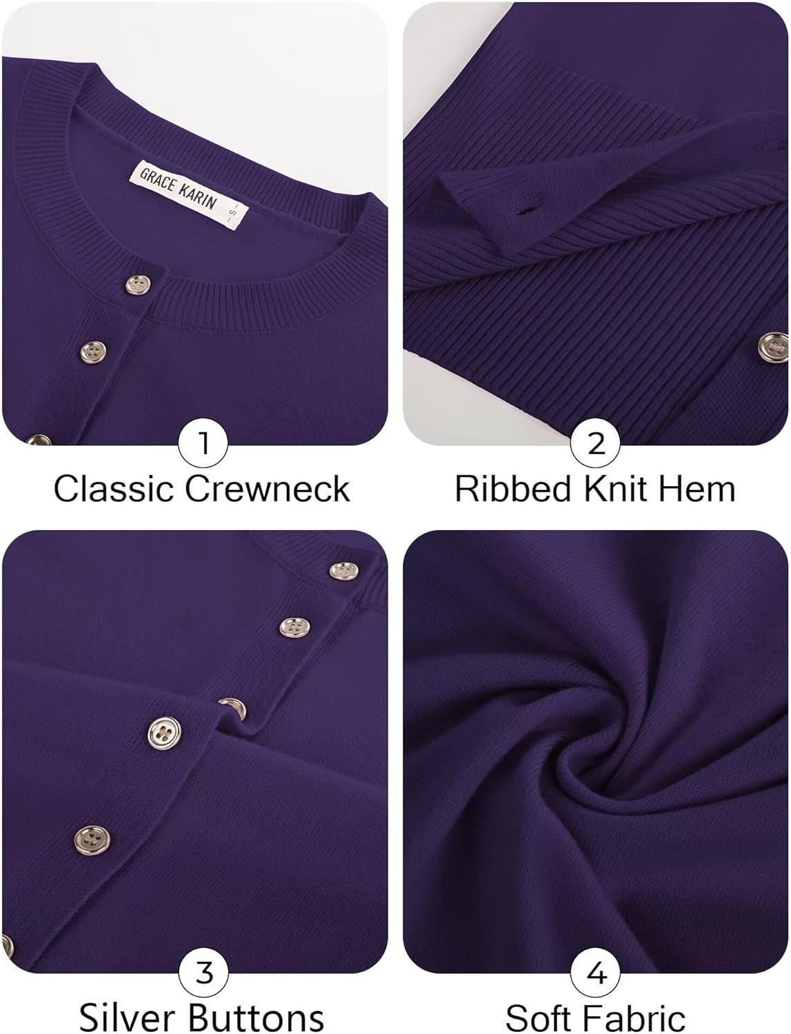 imageGRACE KARIN Womens Lightweight Fall Cardigan Long Sleeve Knit Crop Sweater Trendy Button Open Front Crewneck JacketPurple