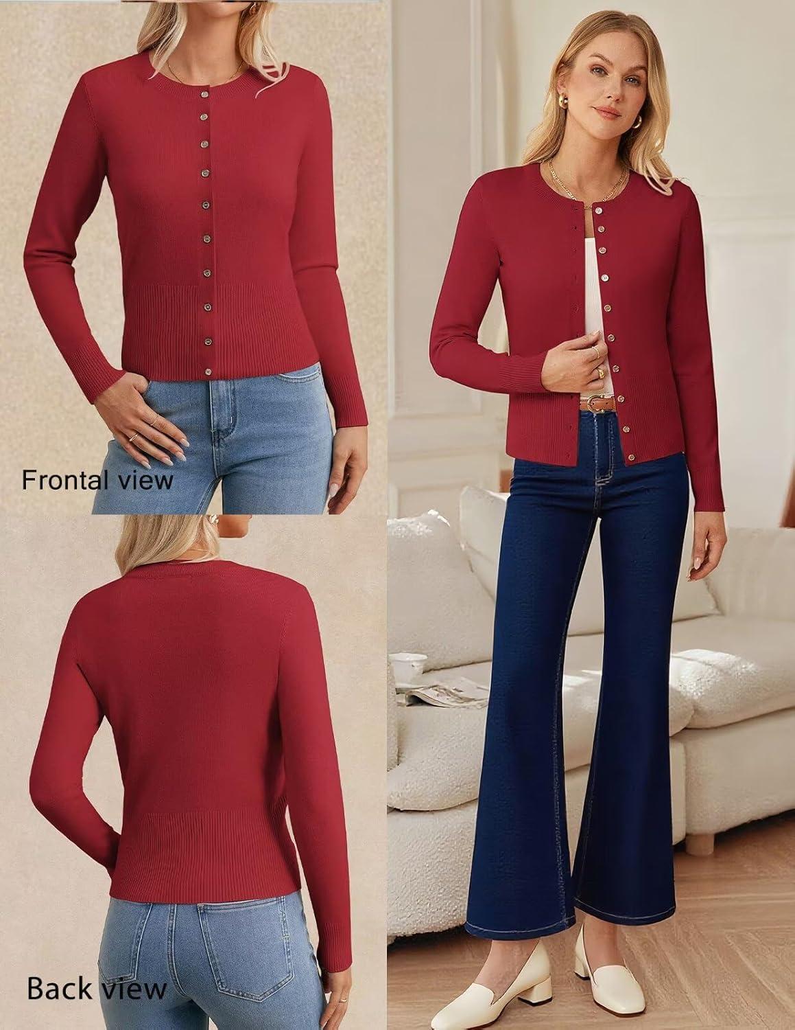 imageGRACE KARIN Womens Lightweight Fall Cardigan Long Sleeve Knit Crop Sweater Trendy Button Open Front Crewneck JacketRed
