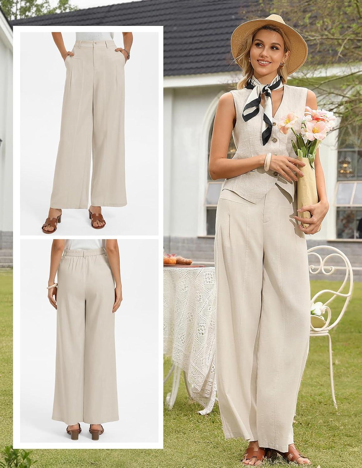 imageGRACE KARIN Womens Linen Pants 2026 Wide Leg Elastic High Waist Palazzo Pants with Pockets Business Casual SlacksBeige