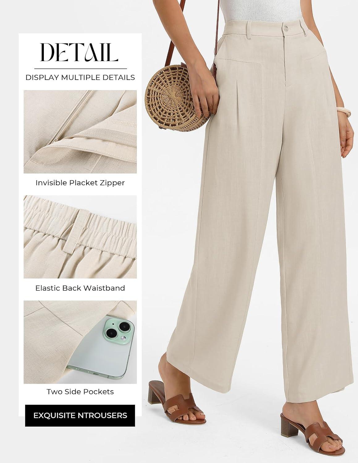 imageGRACE KARIN Womens Linen Pants 2026 Wide Leg Elastic High Waist Palazzo Pants with Pockets Business Casual SlacksBeige