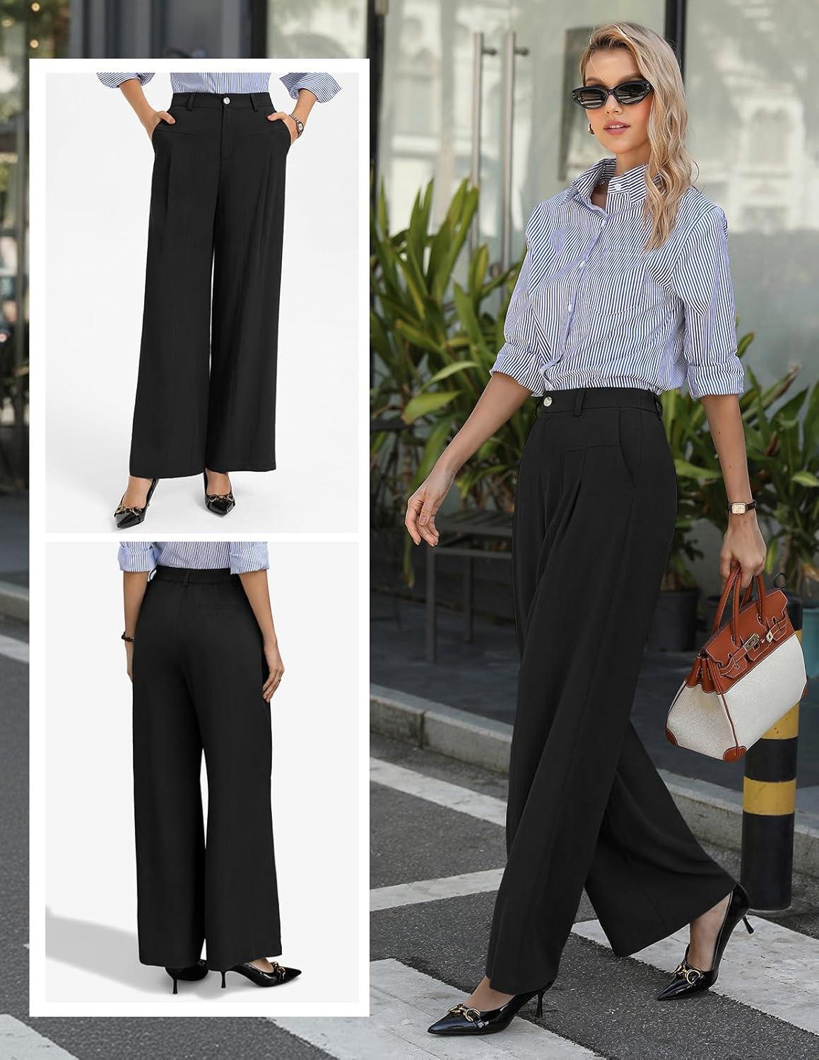 imageGRACE KARIN Womens Linen Pants 2026 Wide Leg Elastic High Waist Palazzo Pants with Pockets Business Casual SlacksBlack