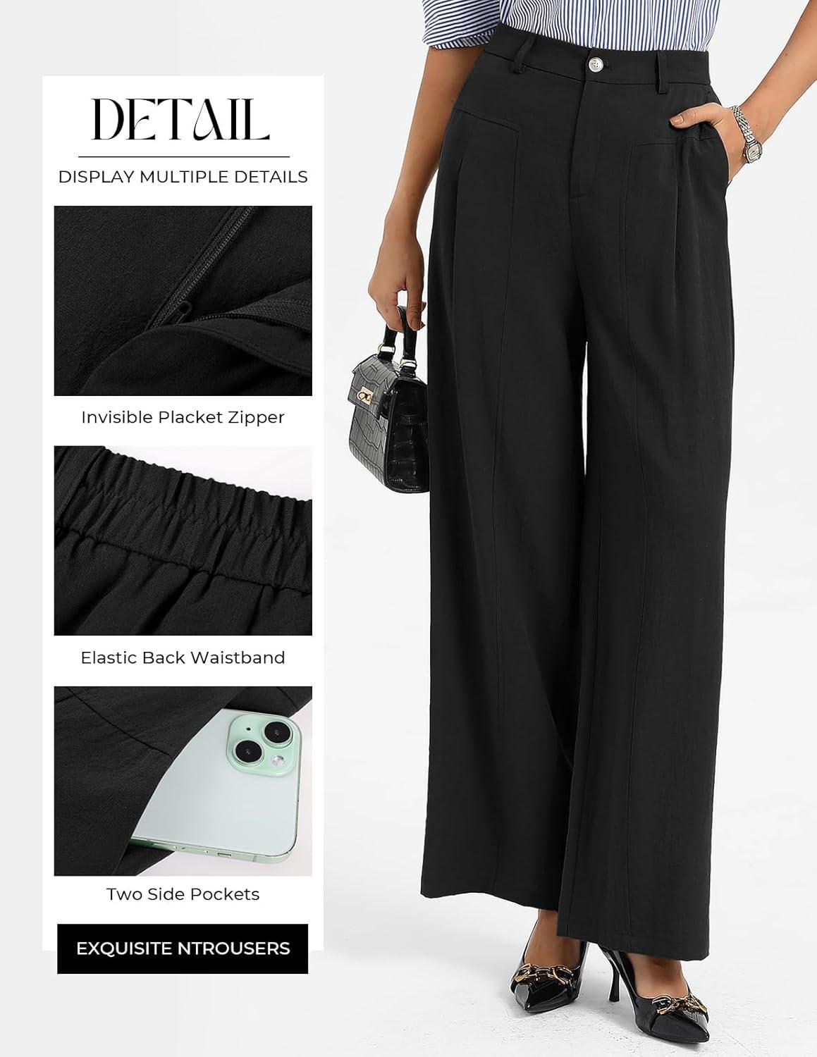 imageGRACE KARIN Womens Linen Pants 2026 Wide Leg Elastic High Waist Palazzo Pants with Pockets Business Casual SlacksBlack