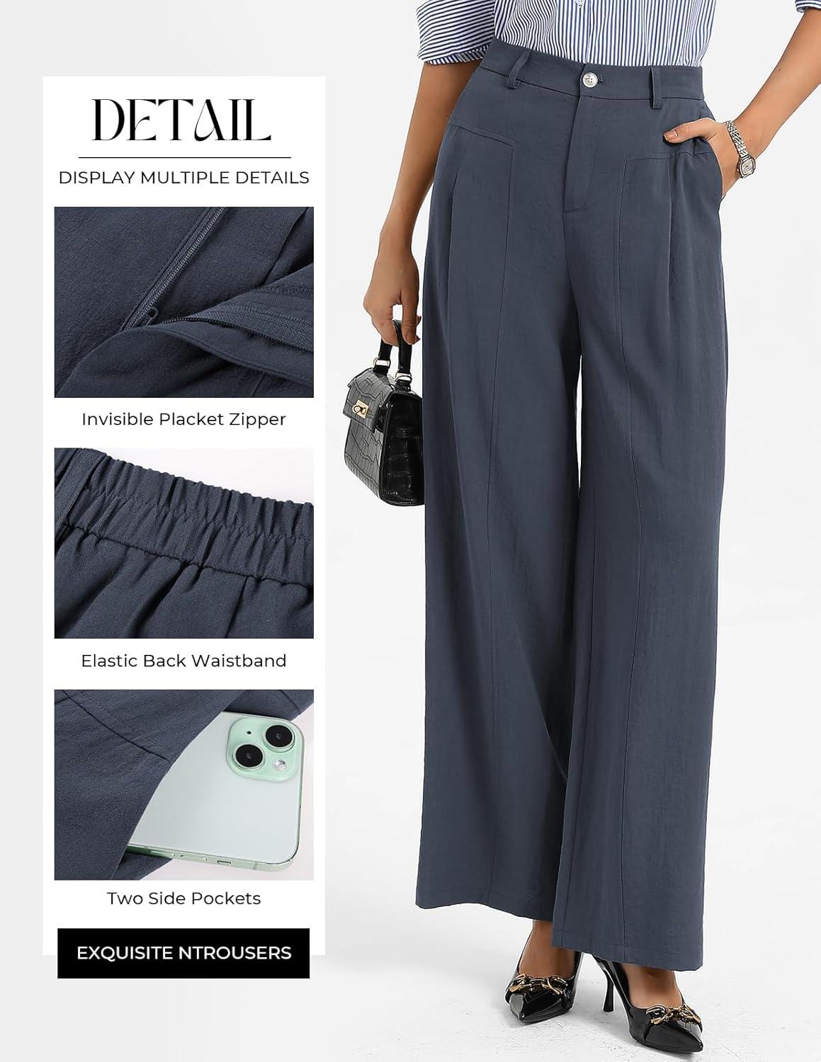 imageGRACE KARIN Womens Linen Pants 2026 Wide Leg Elastic High Waist Palazzo Pants with Pockets Business Casual SlacksNavy Blue