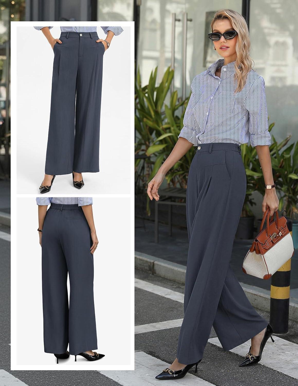 imageGRACE KARIN Womens Linen Pants 2026 Wide Leg Elastic High Waist Palazzo Pants with Pockets Business Casual SlacksNavy Blue