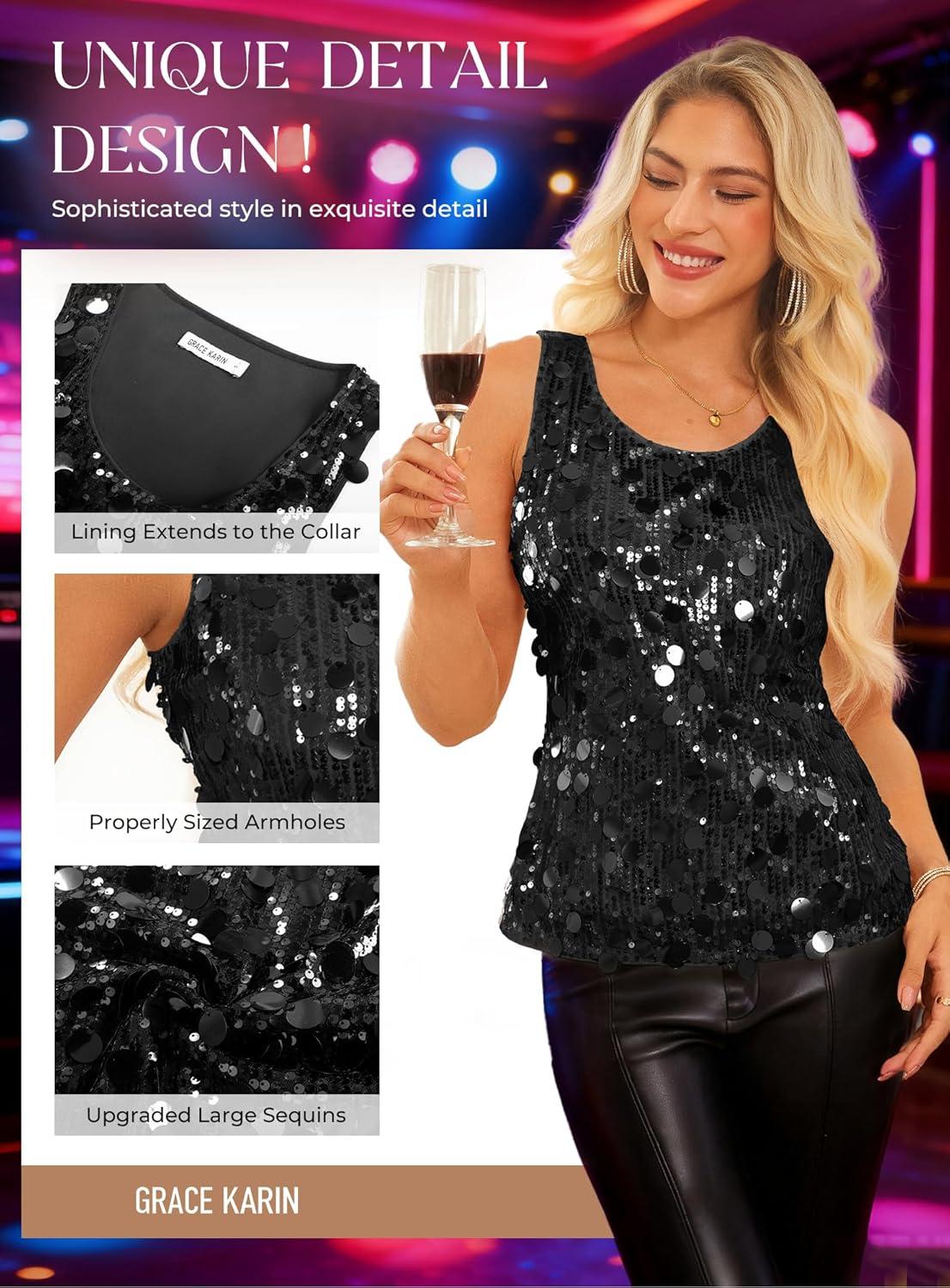 imageGRACE KARIN Womens Sequin Top Sleeveless Sparkly Dressy Tank Tops Vest Glitter Cocktail Party Shiny Club NightBlack