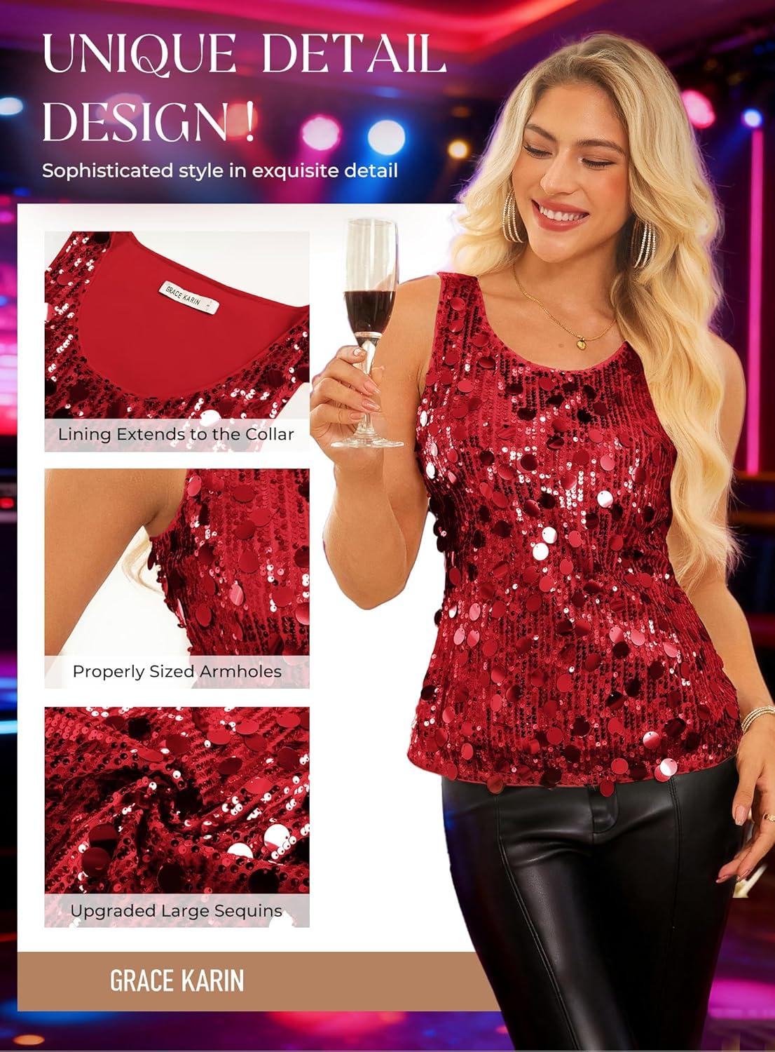 imageGRACE KARIN Womens Sequin Top Sleeveless Sparkly Dressy Tank Tops Vest Glitter Cocktail Party Shiny Club NightBright Red