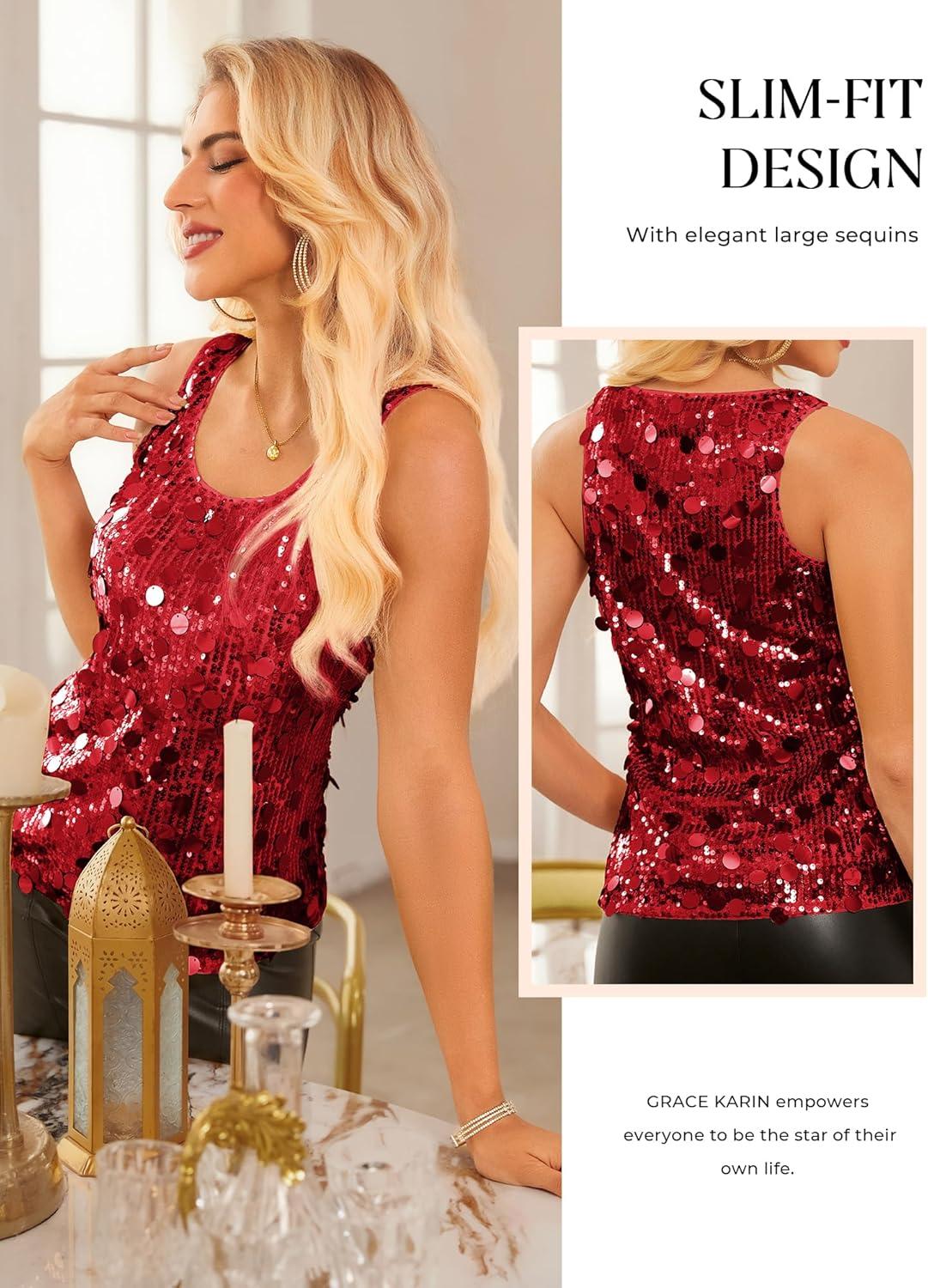 imageGRACE KARIN Womens Sequin Top Sleeveless Sparkly Dressy Tank Tops Vest Glitter Cocktail Party Shiny Club NightBright Red
