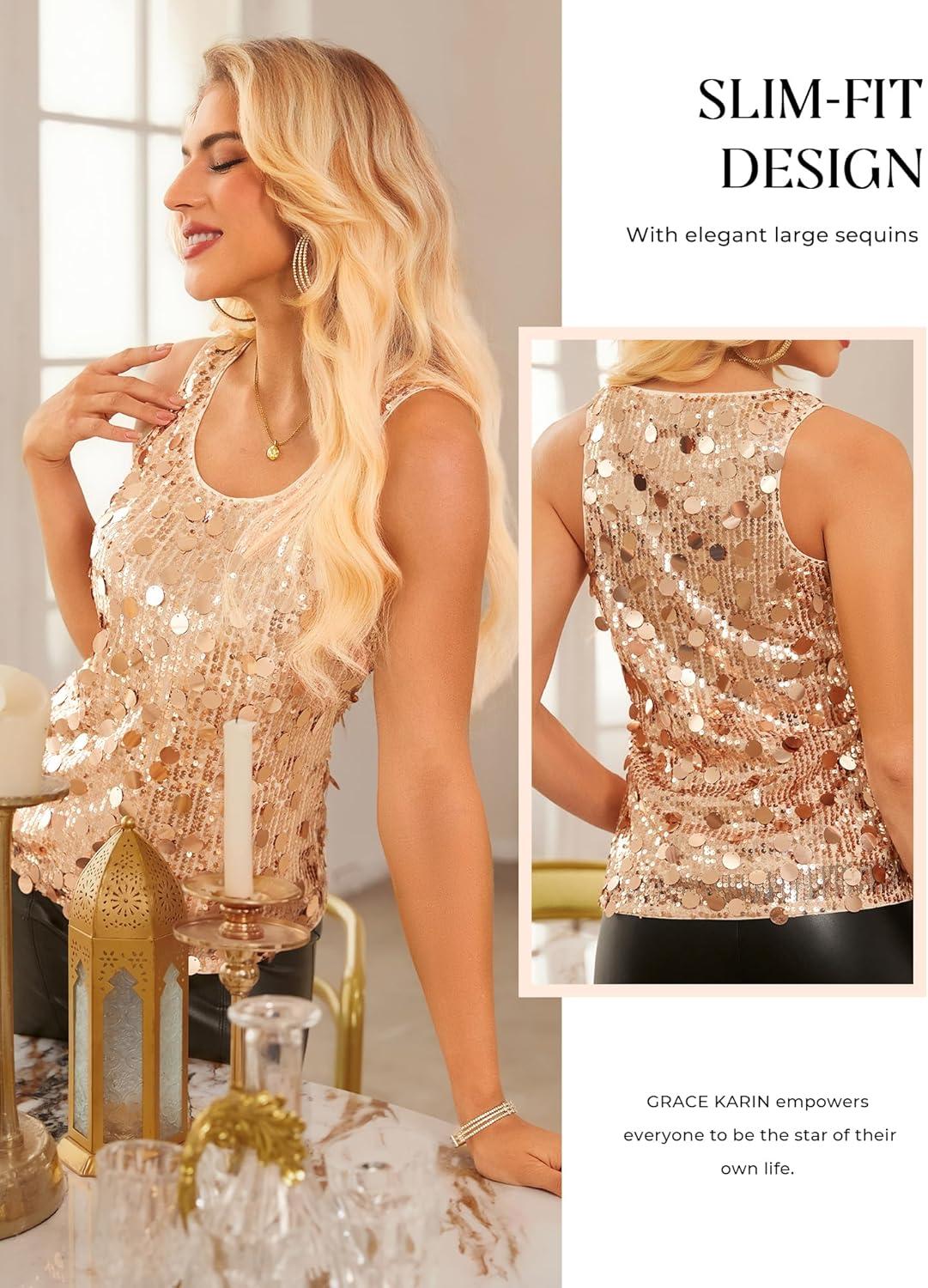 imageGRACE KARIN Womens Sequin Top Sleeveless Sparkly Dressy Tank Tops Vest Glitter Cocktail Party Shiny Club NightChampagne