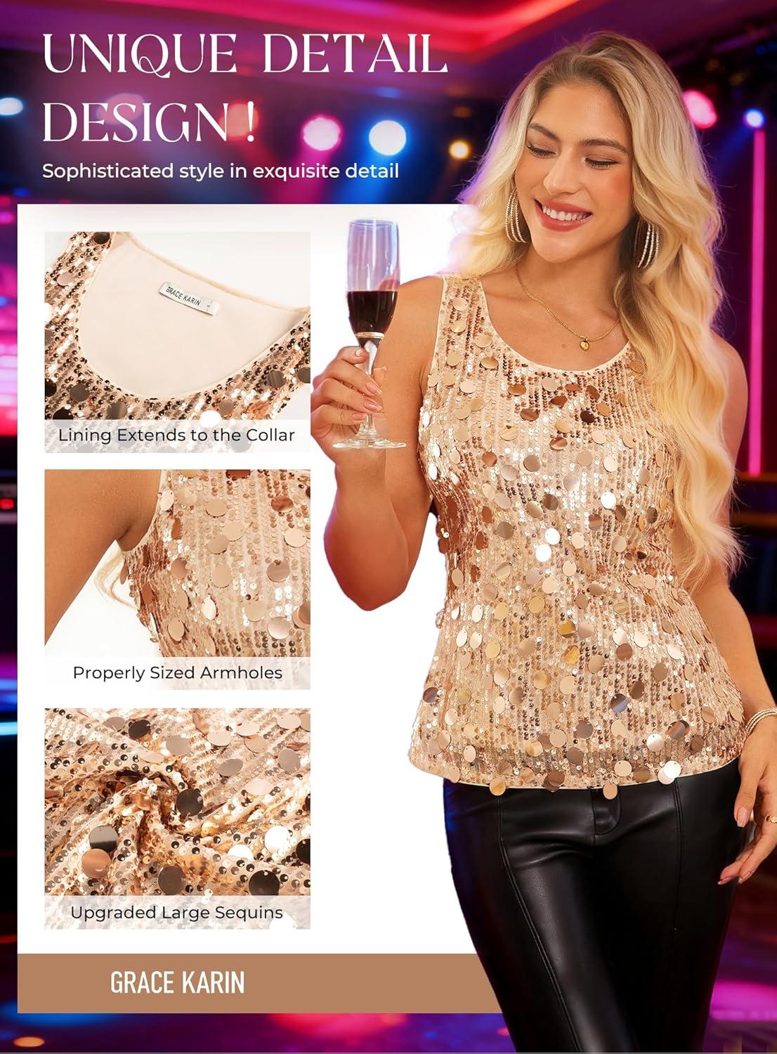 imageGRACE KARIN Womens Sequin Top Sleeveless Sparkly Dressy Tank Tops Vest Glitter Cocktail Party Shiny Club NightChampagne