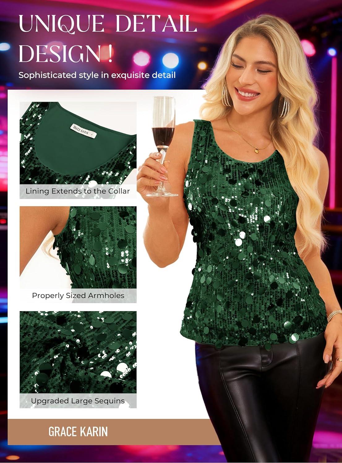 imageGRACE KARIN Womens Sequin Top Sleeveless Sparkly Dressy Tank Tops Vest Glitter Cocktail Party Shiny Club NightDark Green