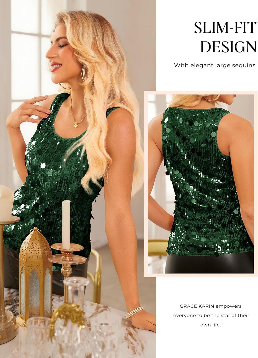 imageGRACE KARIN Womens Sequin Top Sleeveless Sparkly Dressy Tank Tops Vest Glitter Cocktail Party Shiny Club NightDark Green