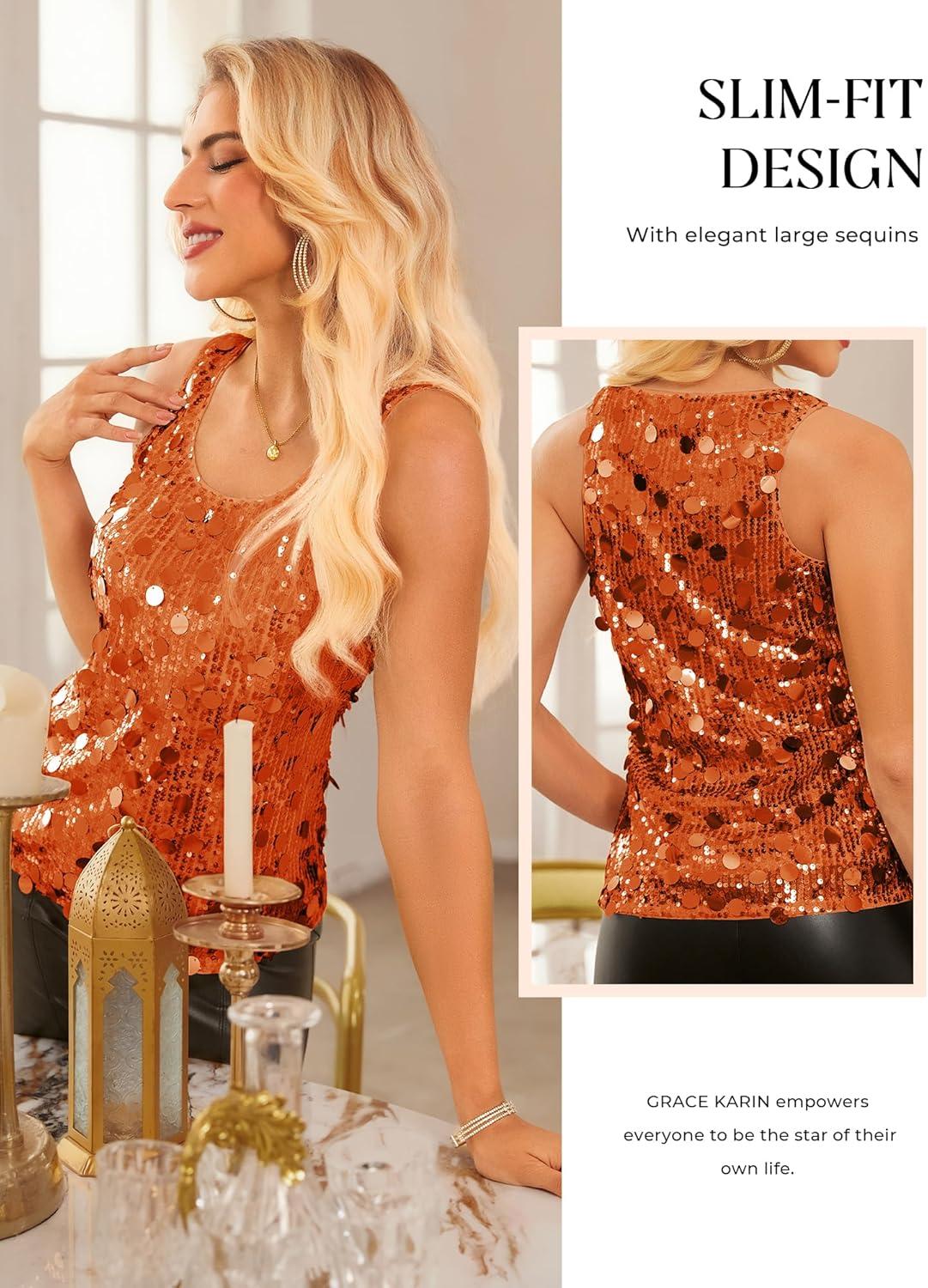 imageGRACE KARIN Womens Sequin Top Sleeveless Sparkly Dressy Tank Tops Vest Glitter Cocktail Party Shiny Club NightOrange