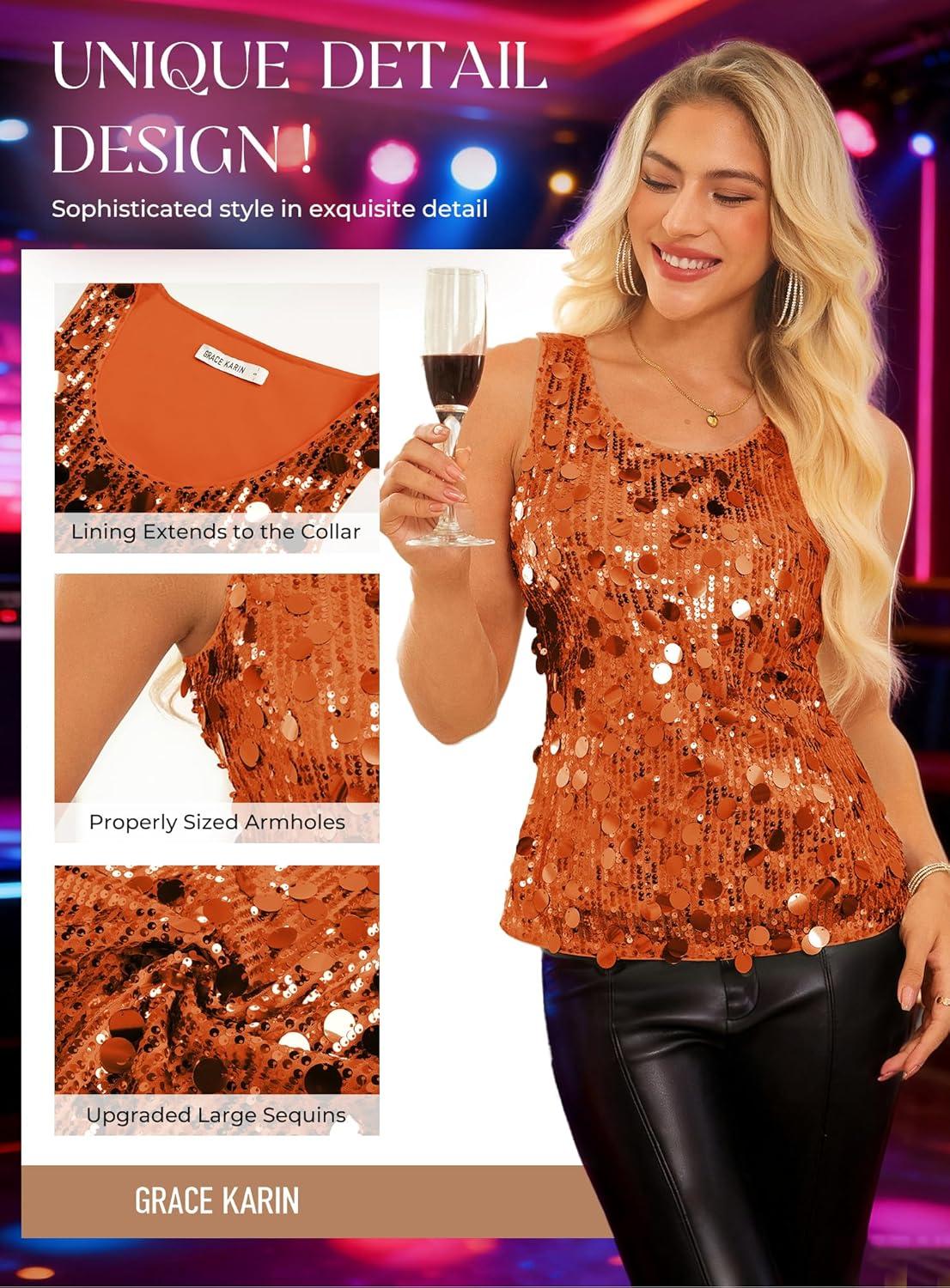 imageGRACE KARIN Womens Sequin Top Sleeveless Sparkly Dressy Tank Tops Vest Glitter Cocktail Party Shiny Club NightOrange