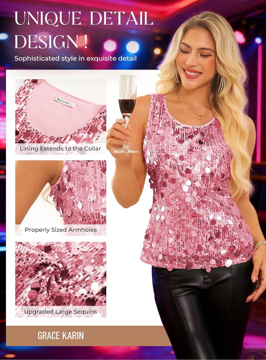 imageGRACE KARIN Womens Sequin Top Sleeveless Sparkly Dressy Tank Tops Vest Glitter Cocktail Party Shiny Club NightPink