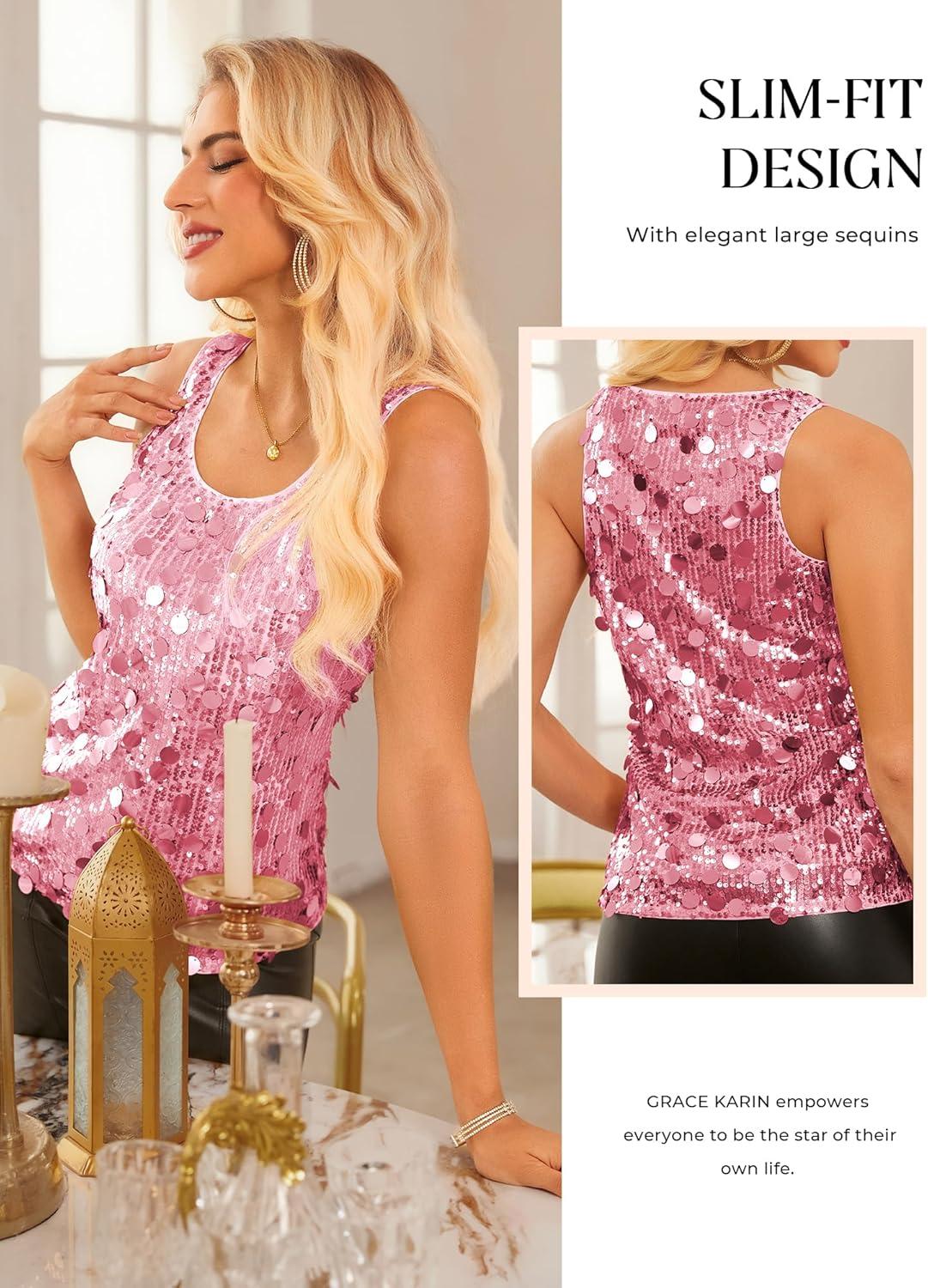 imageGRACE KARIN Womens Sequin Top Sleeveless Sparkly Dressy Tank Tops Vest Glitter Cocktail Party Shiny Club NightPink