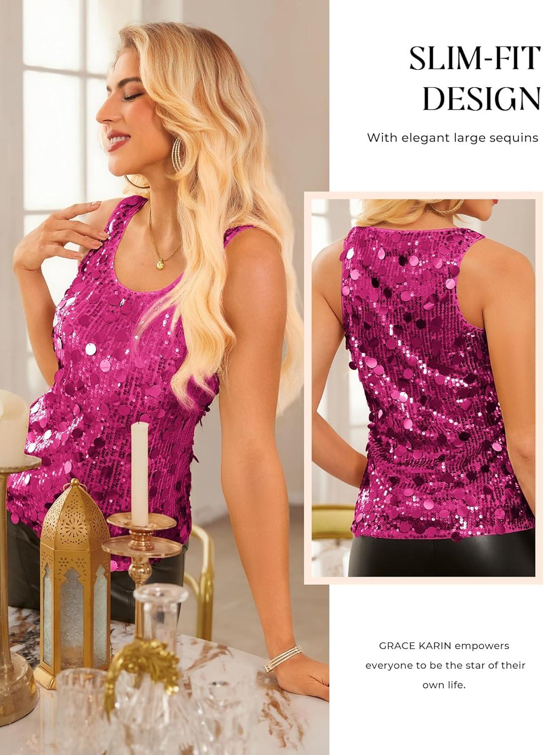 imageGRACE KARIN Womens Sequin Top Sleeveless Sparkly Dressy Tank Tops Vest Glitter Cocktail Party Shiny Club NightRose Red