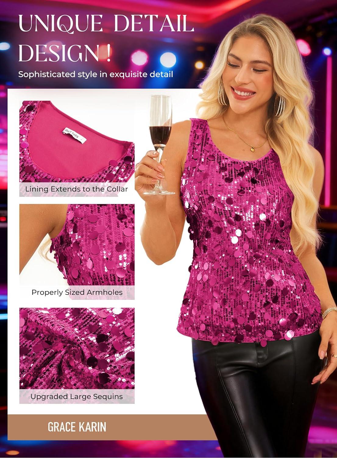 imageGRACE KARIN Womens Sequin Top Sleeveless Sparkly Dressy Tank Tops Vest Glitter Cocktail Party Shiny Club NightRose Red