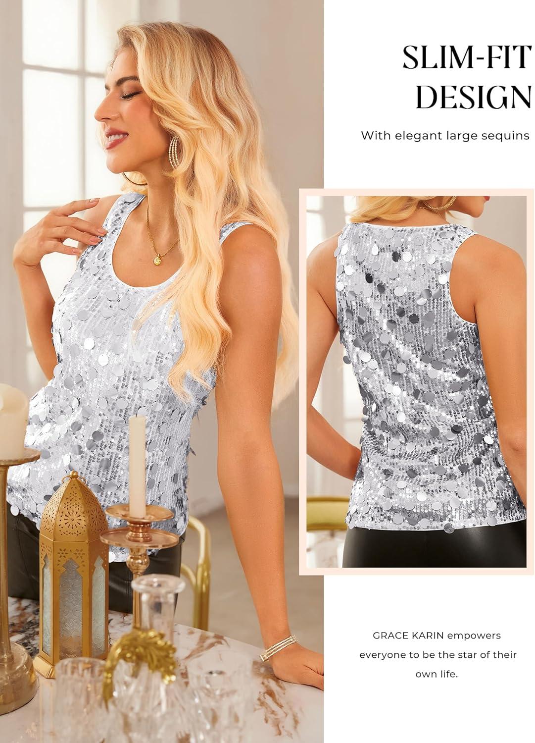 imageGRACE KARIN Womens Sequin Top Sleeveless Sparkly Dressy Tank Tops Vest Glitter Cocktail Party Shiny Club NightSilver