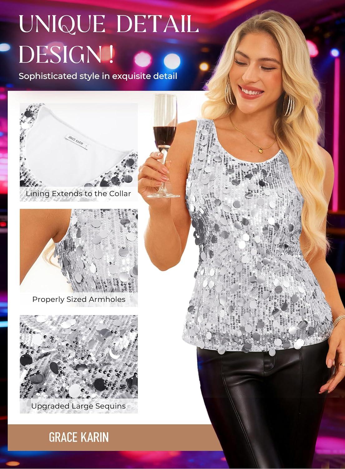 imageGRACE KARIN Womens Sequin Top Sleeveless Sparkly Dressy Tank Tops Vest Glitter Cocktail Party Shiny Club NightSilver