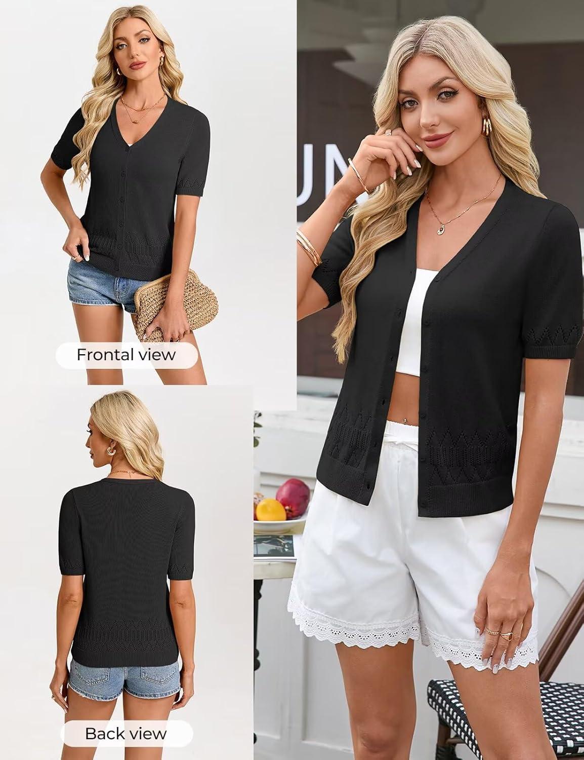 imageGRACE KARIN Womens Short Sleeve Spring Sweater Lightweight Cotton Cardigan Button Up V Neck Dressy Casual Cute TopsBlack