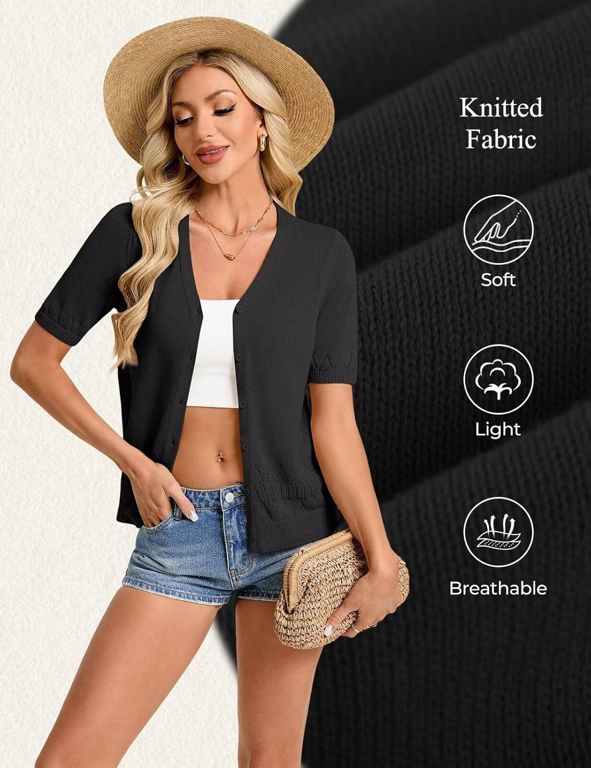 imageGRACE KARIN Womens Short Sleeve Spring Sweater Lightweight Cotton Cardigan Button Up V Neck Dressy Casual Cute TopsBlack