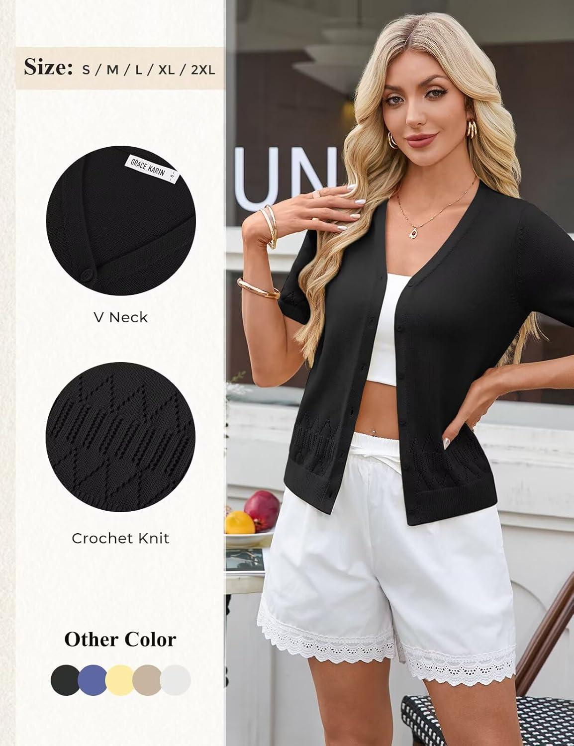 imageGRACE KARIN Womens Short Sleeve Spring Sweater Lightweight Cotton Cardigan Button Up V Neck Dressy Casual Cute TopsBlack
