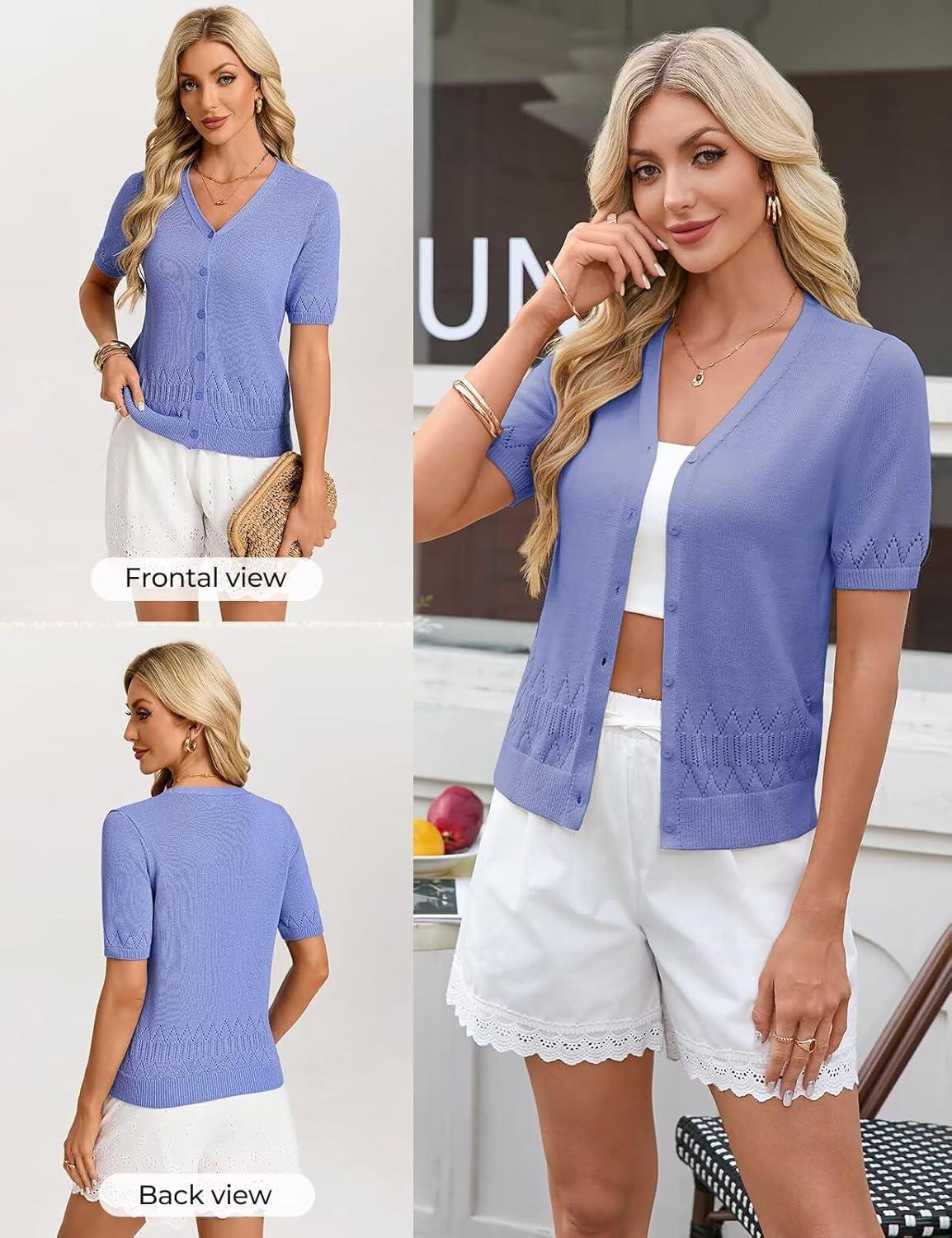 imageGRACE KARIN Womens Short Sleeve Spring Sweater Lightweight Cotton Cardigan Button Up V Neck Dressy Casual Cute TopsBlue