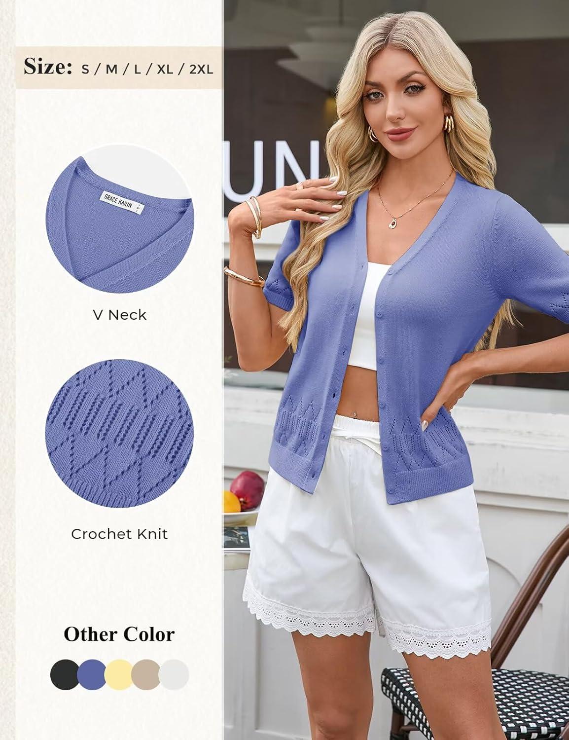 imageGRACE KARIN Womens Short Sleeve Spring Sweater Lightweight Cotton Cardigan Button Up V Neck Dressy Casual Cute TopsBlue