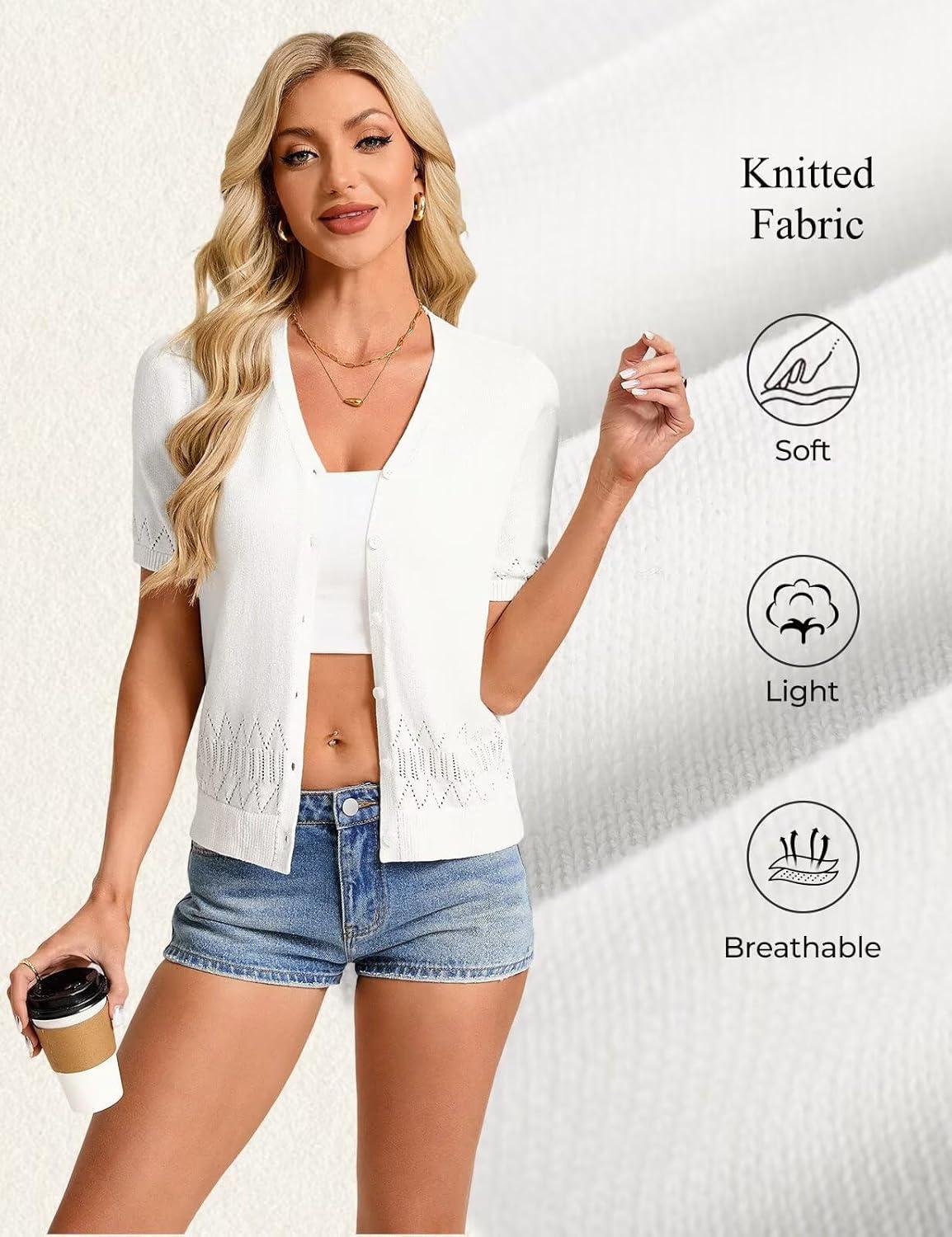 imageGRACE KARIN Womens Short Sleeve Spring Sweater Lightweight Cotton Cardigan Button Up V Neck Dressy Casual Cute TopsOffwhite