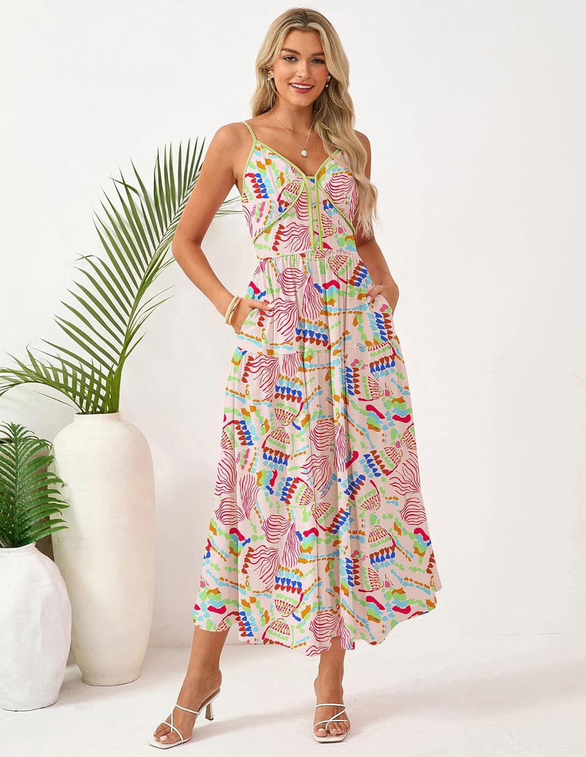 imageGRACE KARIN Womens Summer Floral Maxi Dresses 2026 Spaghetti Strap Wedding Guest Resort Wear Boho Beach Vacation SundressesApricot Red Floral