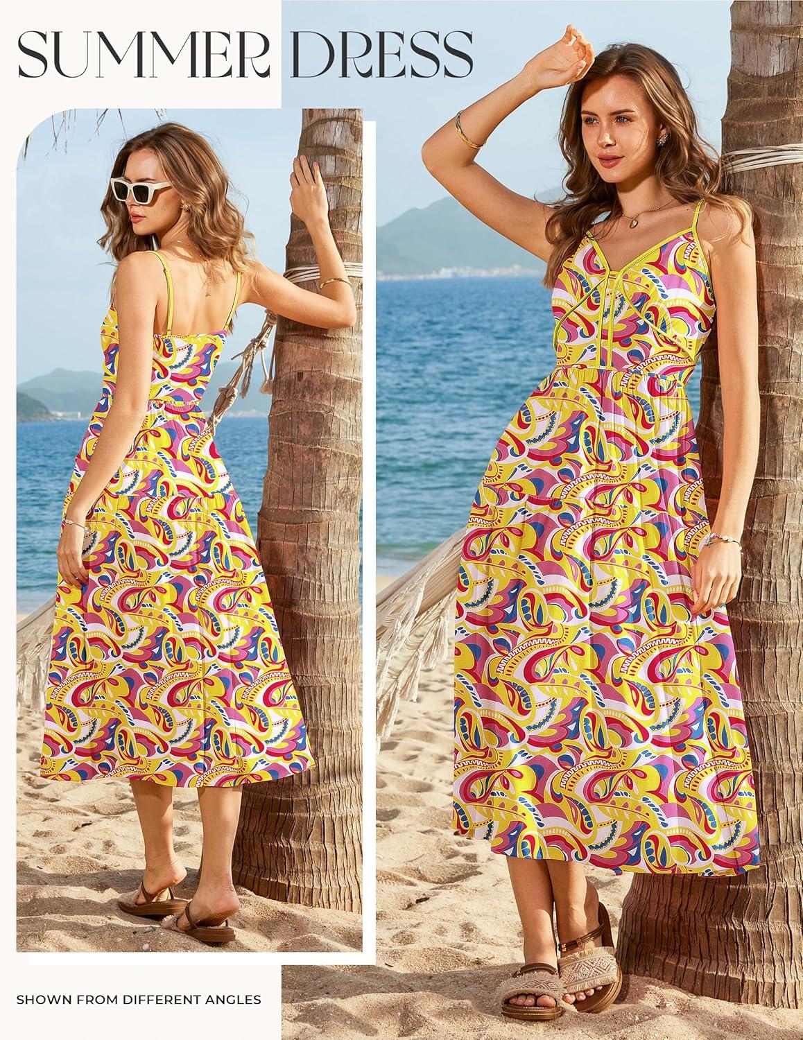 imageGRACE KARIN Womens Summer Floral Maxi Dresses 2026 Spaghetti Strap Wedding Guest Resort Wear Boho Beach Vacation SundressesRose Yellow Floral